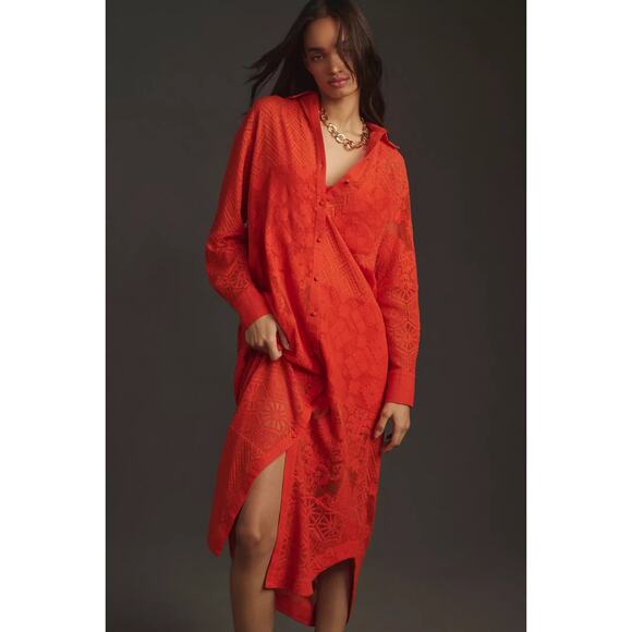 Maeve Anthropologie Dress Womens Small Orange Lace Button Shirt Midi Boho Beach - Picture 1 of 13